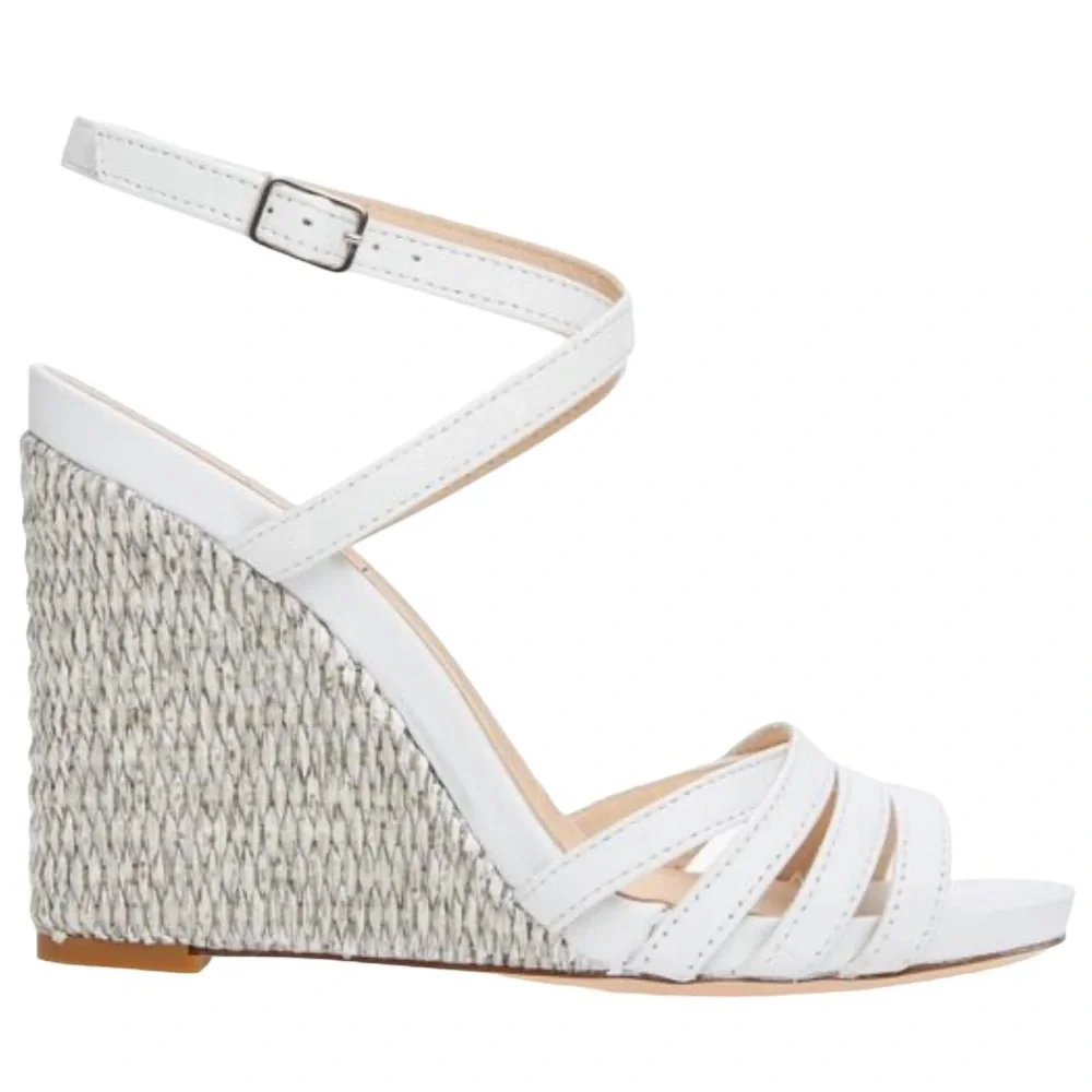 Agl Shoes Dora White Leather Ankle Strap Raffia Wedge Heel Sandals Women’s SZ 10